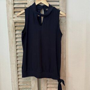 Women's M/L Dark Navy Blue Sleeveless Stretch Casual Tie Waist Blouse Top
